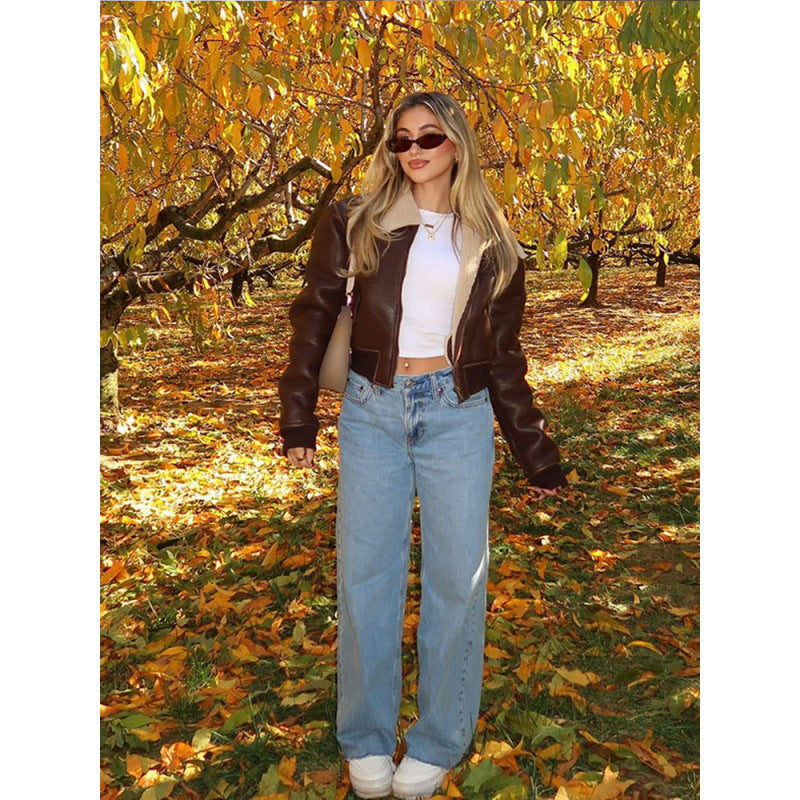 Damer cropped läderjacka med konstfull krage Eva Jonsson-Eva Jonsson