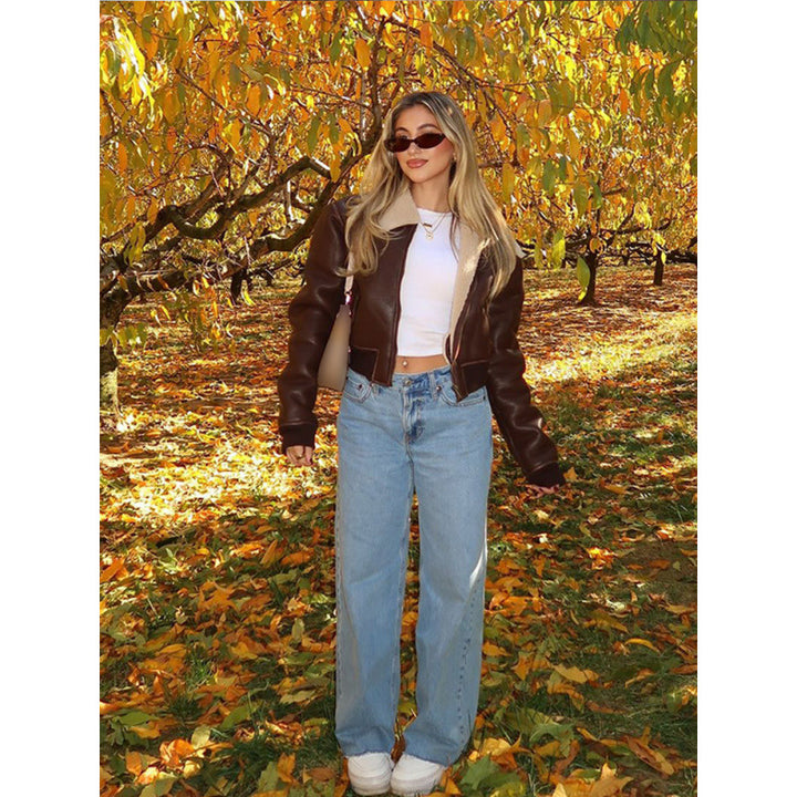 Damer cropped läderjacka med konstfull krage Eva Jonsson-Eva Jonsson