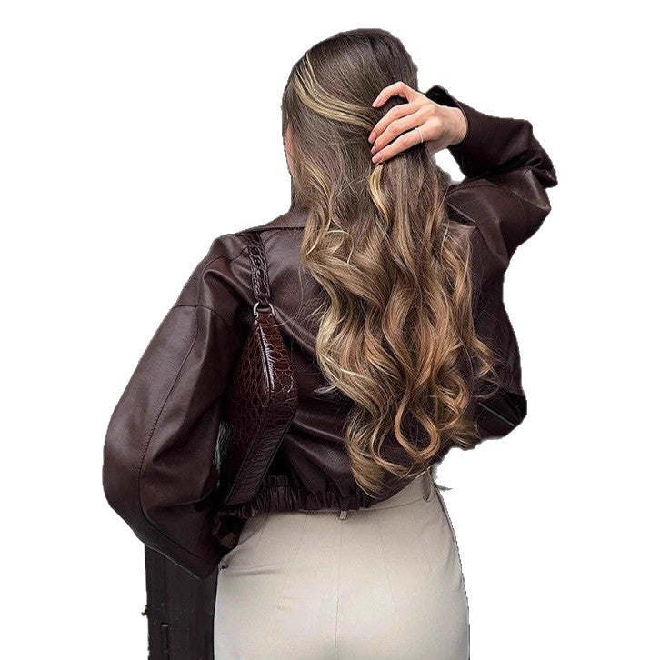 Damer cropped läderjacka med robust krage och praktiska fickor Eva Jonsson-Eva Jonsson