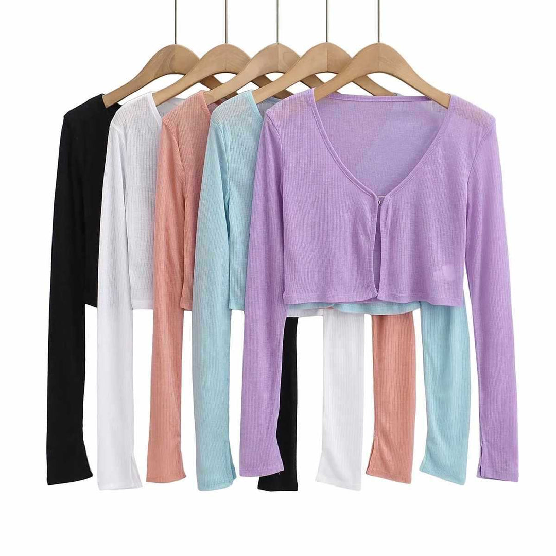 Damer cropped långärmad t-shirt med fin ribbad struktur Mirla-Eva Jonsson