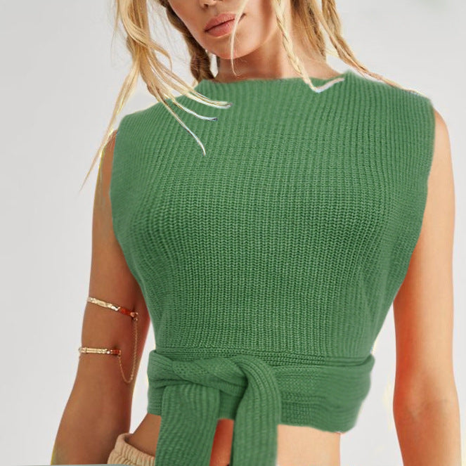Damer cropped stickad topp med elegant knytbälte Eva Jonsson-Eva Jonsson