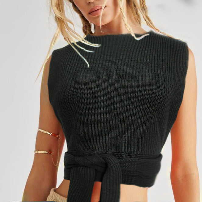 Damer cropped stickad topp med elegant knytbälte Eva Jonsson-Eva Jonsson