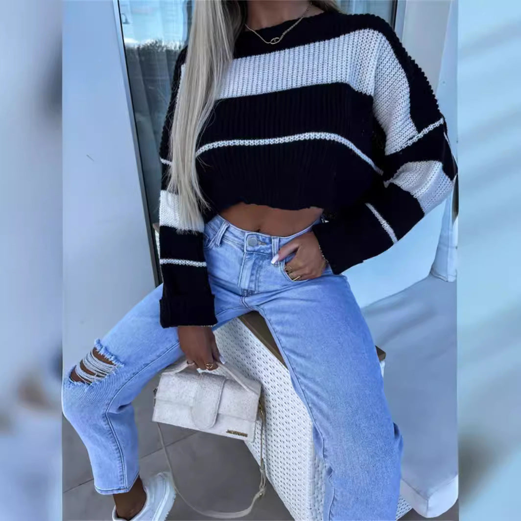 Damer cropped stickad tröja med modiga blockränder Eva Jonsson-Eva Jonsson