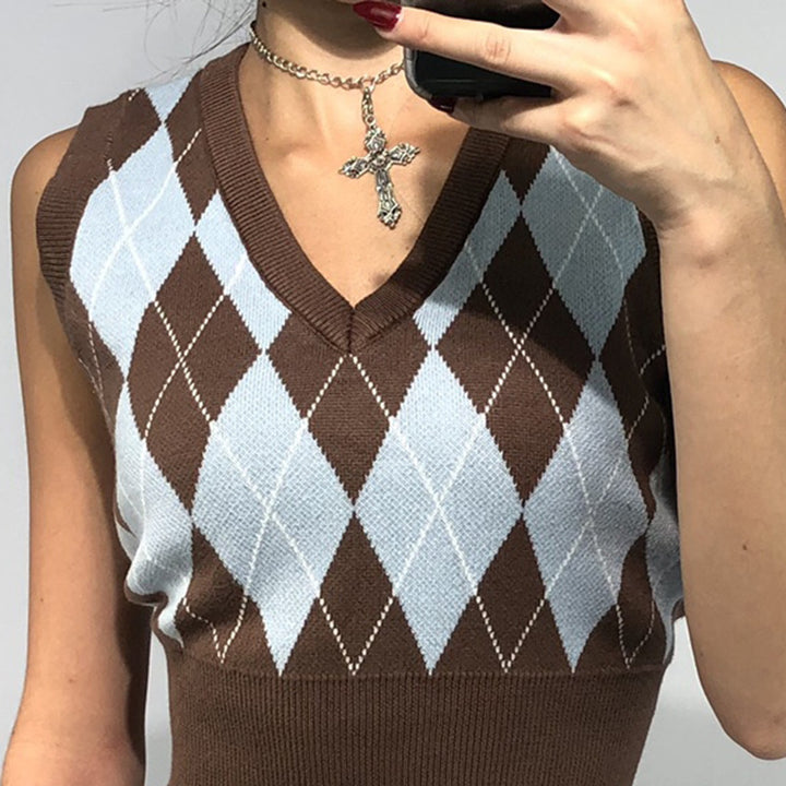 Damer cropped sticktop med modernt rutmönster Mirla-Eva Jonsson