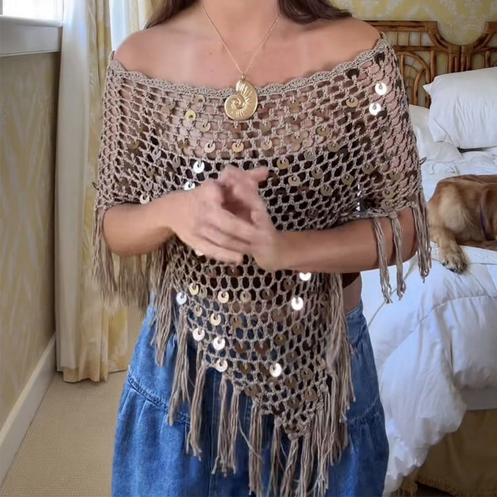 Damer dekorativ spets poncho med eleganta paljetter och fransar Mirla-Eva Jonsson