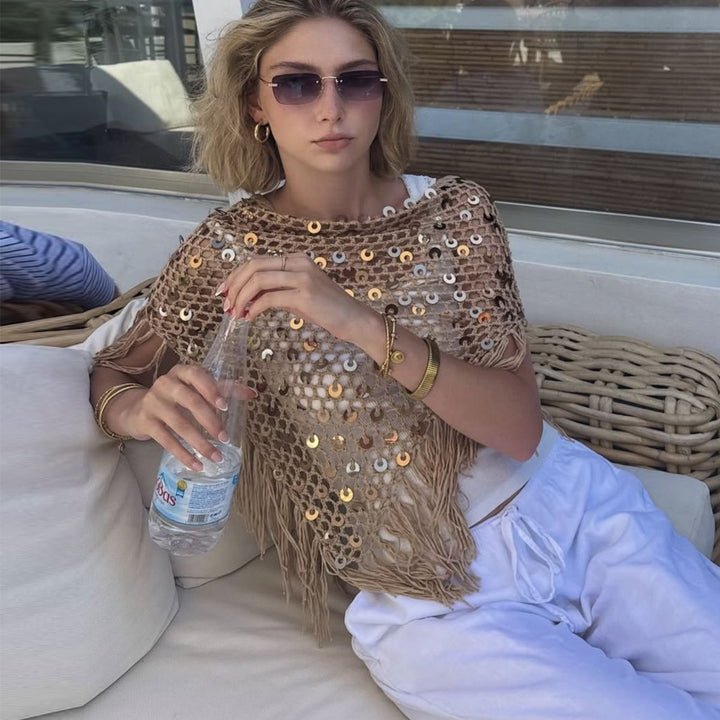 Damer dekorativ spets poncho med eleganta paljetter och fransar Mirla-Eva Jonsson