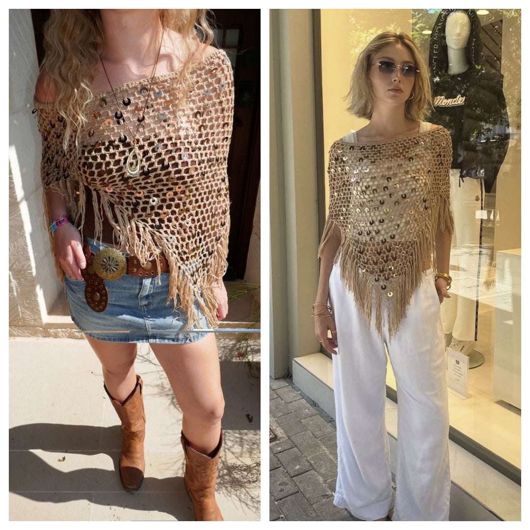 Damer dekorativ spets poncho med eleganta paljetter och fransar Mirla-Eva Jonsson