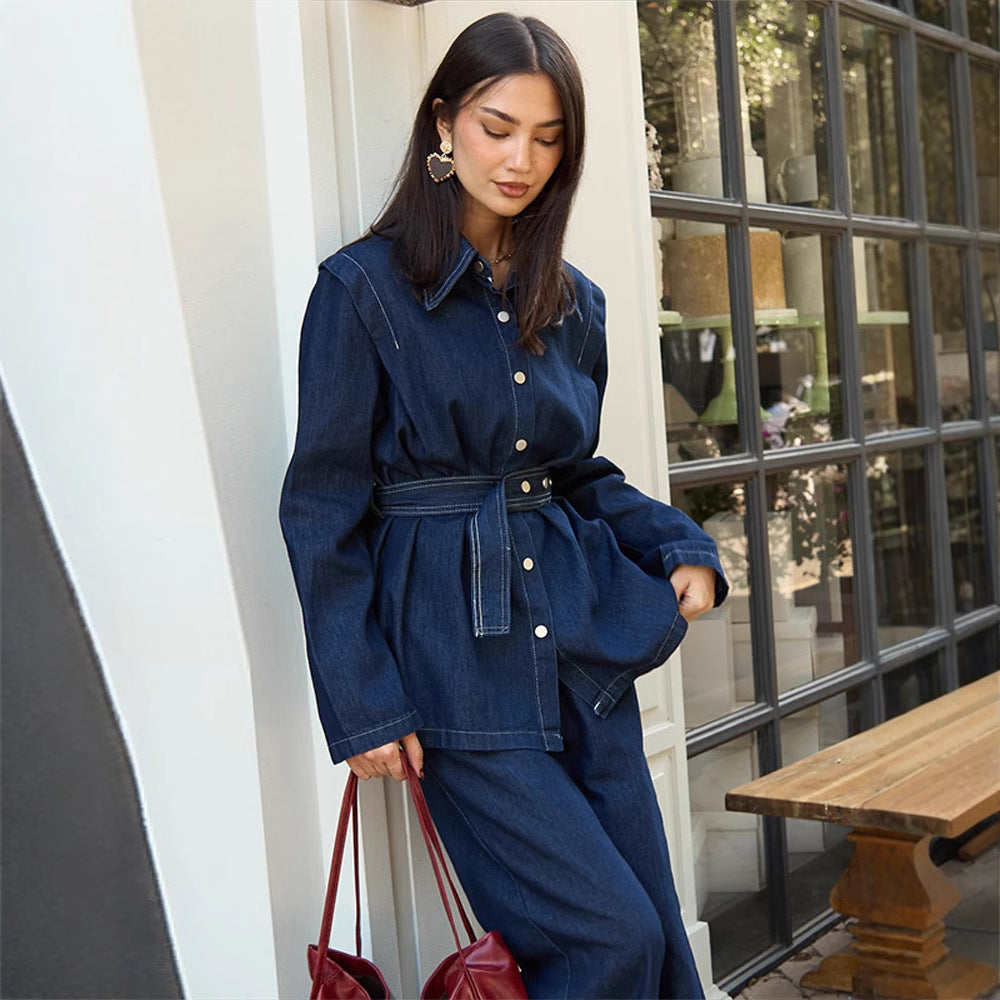 Damer denim jumpsuit med elegant bälte och vida ben Mirla-Eva Jonsson
