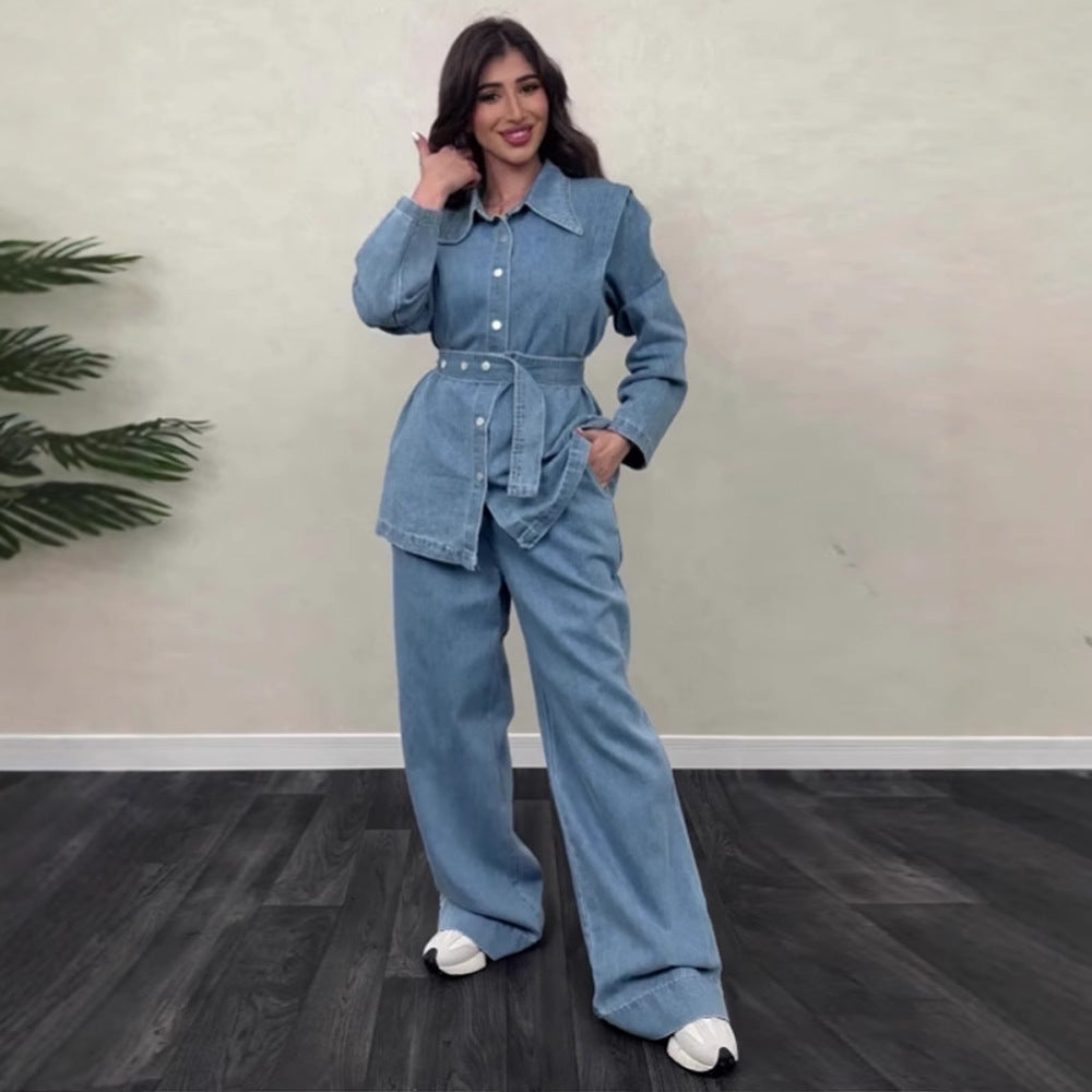 Damer denim jumpsuit med elegant bälte och vida ben Mirla-Eva Jonsson