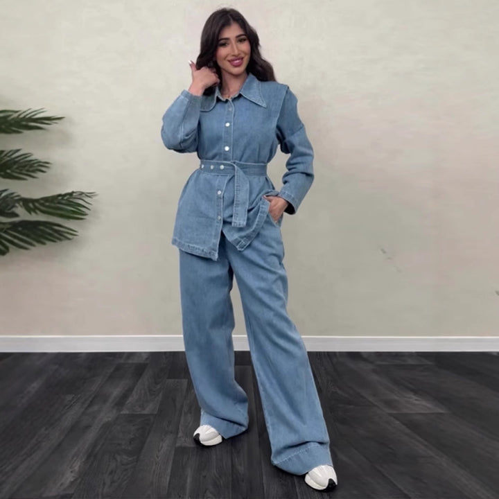 Damer denim jumpsuit med elegant bälte och vida ben Mirla-Eva Jonsson