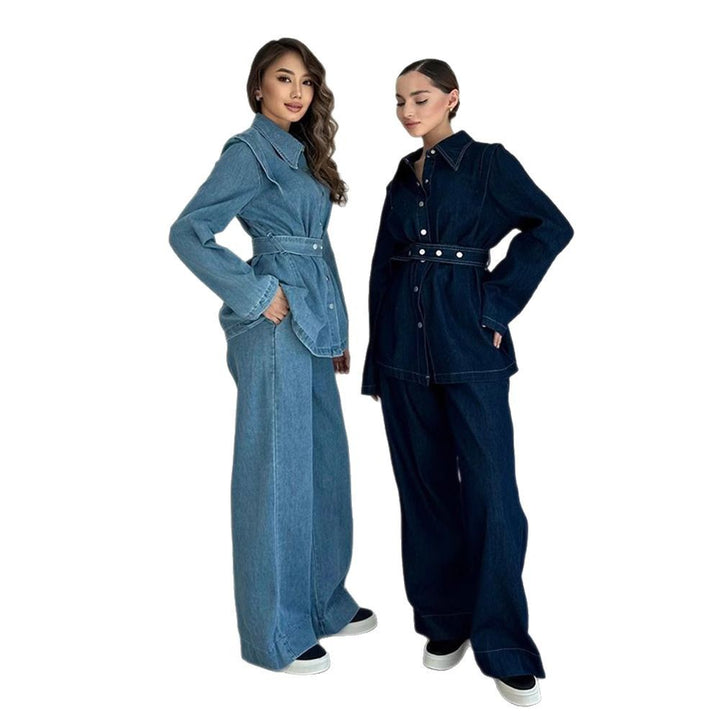 Damer denim jumpsuit med elegant bälte och vida ben Mirla-Eva Jonsson