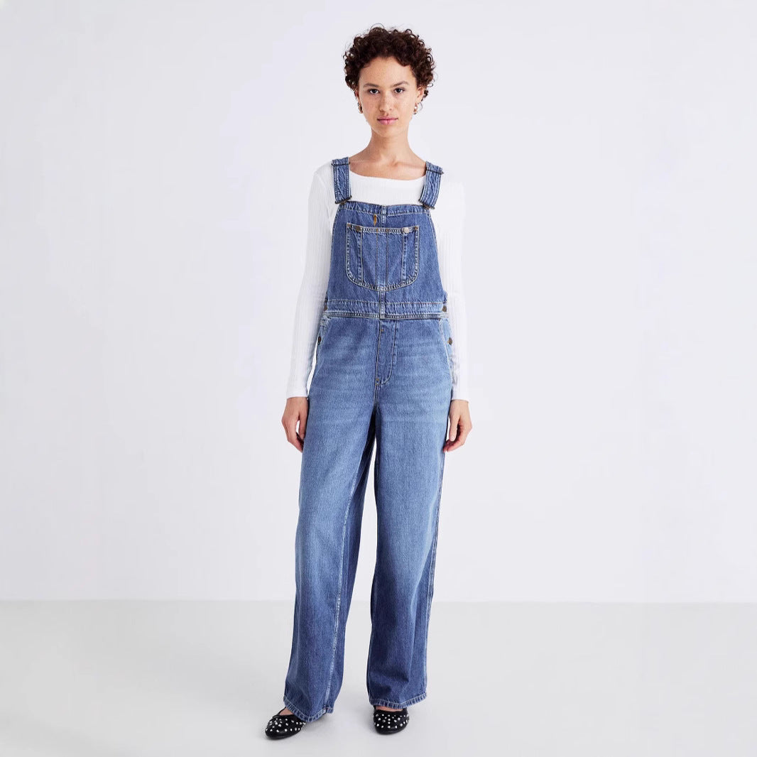 Damer denim jumpsuit med vida ben och justerbara axelband Mirla-Eva Jonsson