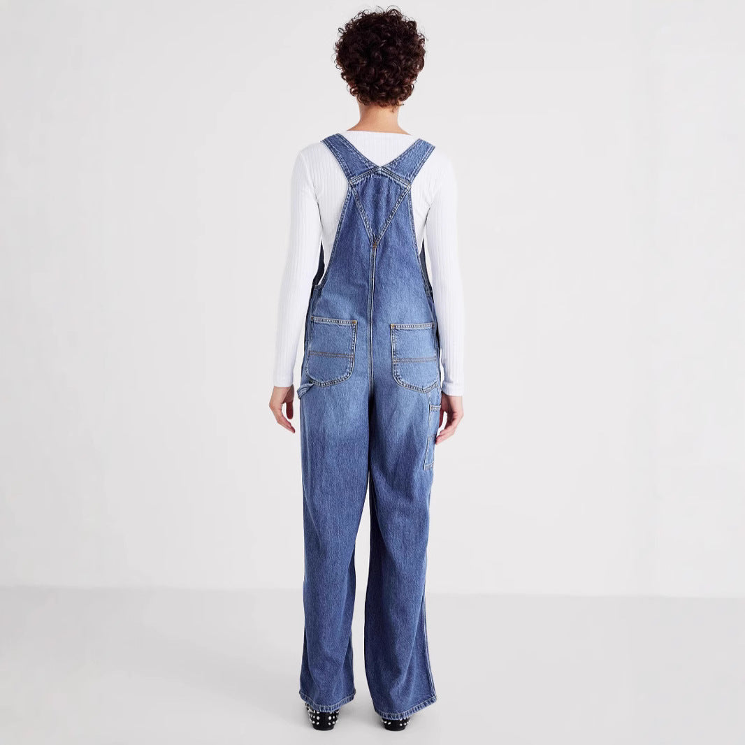 Damer denim jumpsuit med vida ben och justerbara axelband Mirla-Eva Jonsson