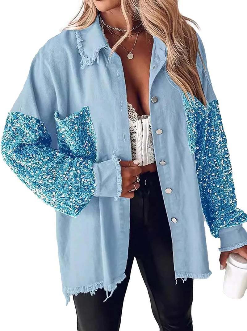 Damer denimblus med glittrande ärmar och fransig nederkant Mirla-Eva Jonsson