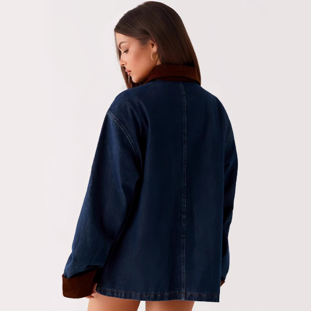 Damer denimjacka med huva och kontrasterande ärmar Eva Jonsson-Eva Jonsson