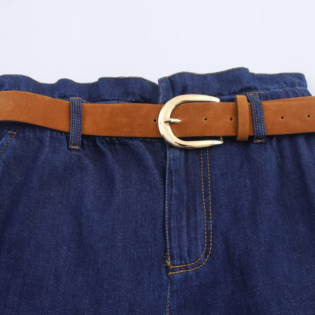 Damer denimshorts med högkvalitativt läderbälte och elastisk midja Mirla-Eva Jonsson