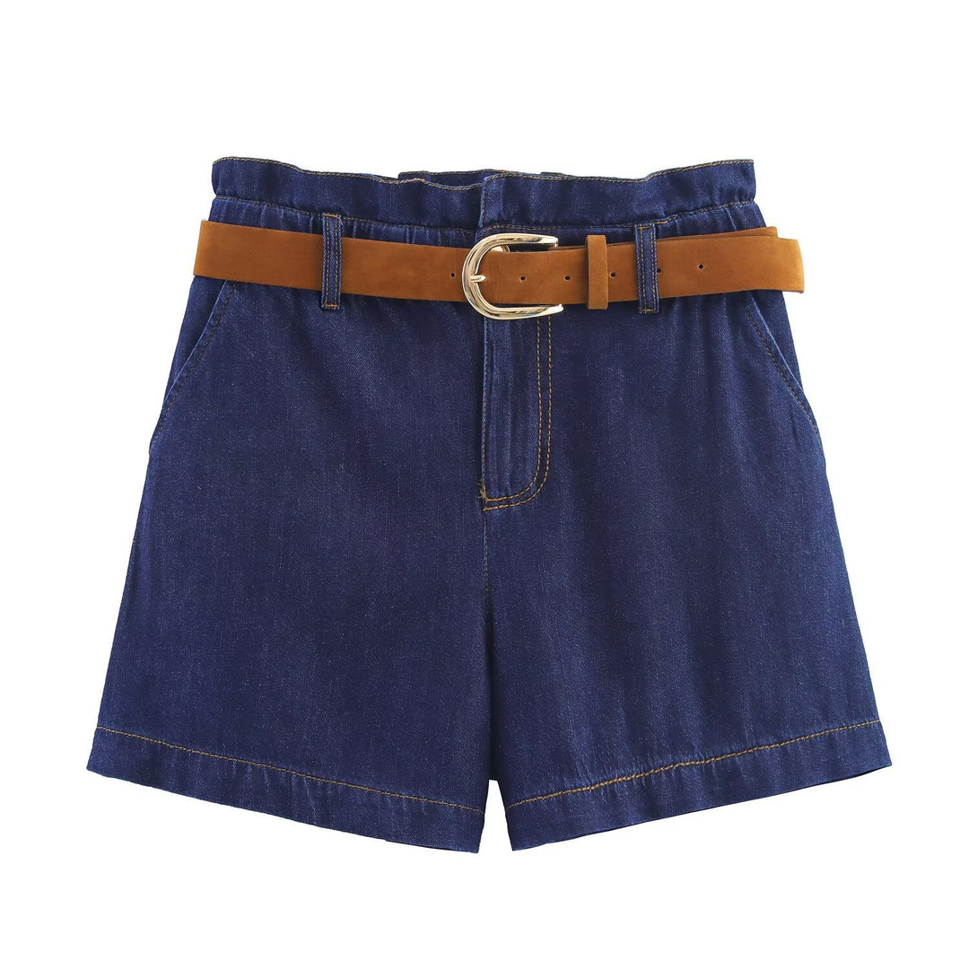 Damer denimshorts med högkvalitativt läderbälte och elastisk midja Mirla-Eva Jonsson
