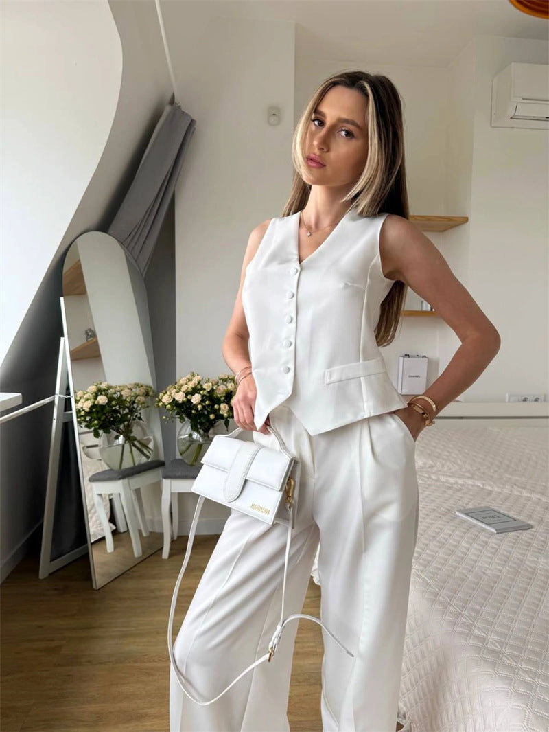 Damer elegant 3-delat kostymset med ärmlös väst och vida byxor Mirla-Eva Jonsson