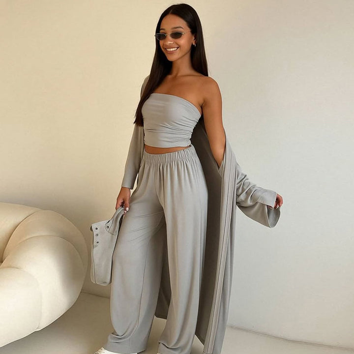 Damer elegant 3-delat set med vida byxor och figurnära topp Mirla-Eva Jonsson