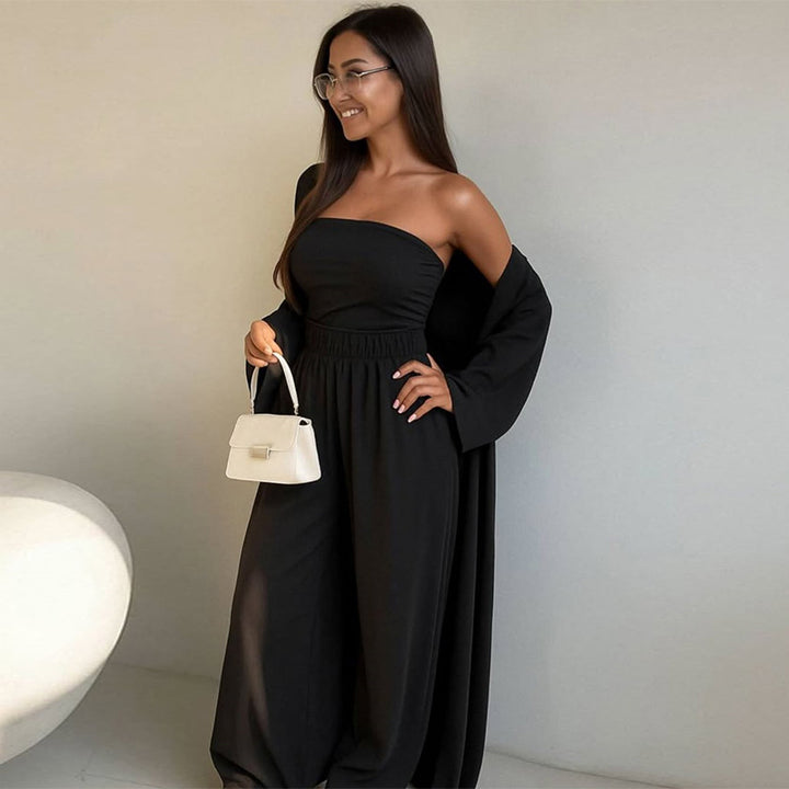Damer elegant 3-delat set med vida byxor och figurnära topp Mirla-Eva Jonsson
