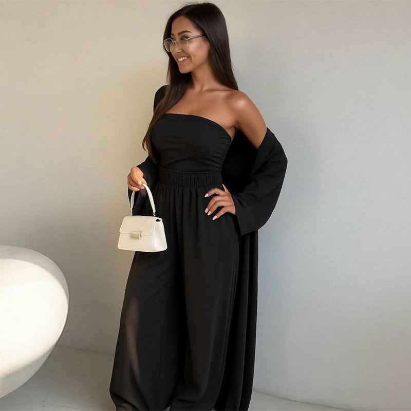 Damer elegant 3-delat set med vida byxor och figurnära topp Mirla-Eva Jonsson