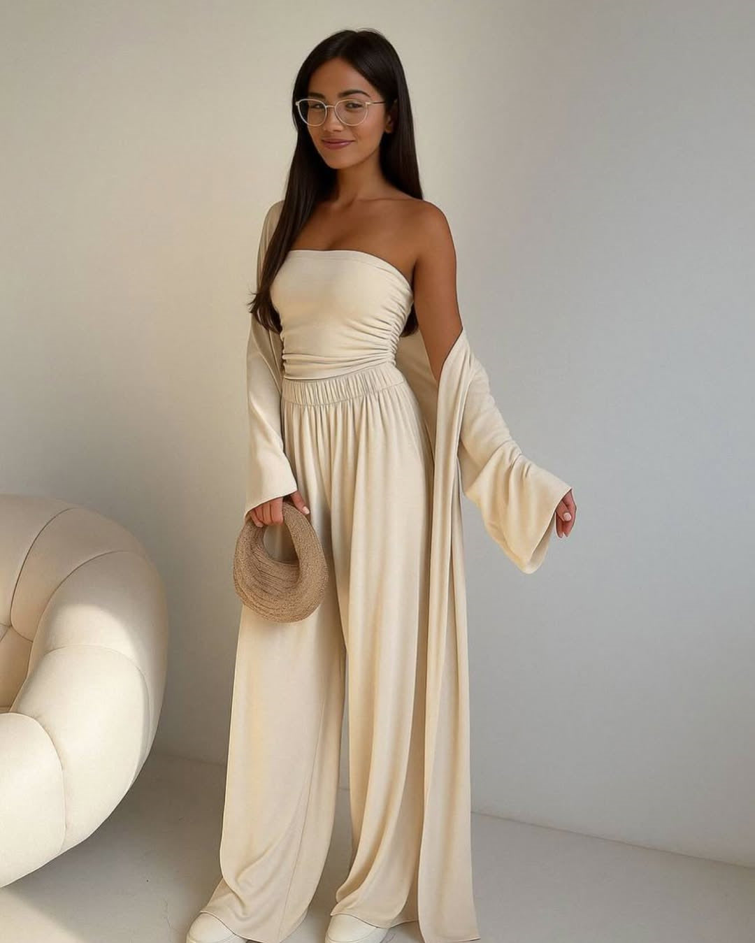 Damer elegant 3-delat set med vida byxor och figurnära topp Mirla-Eva Jonsson