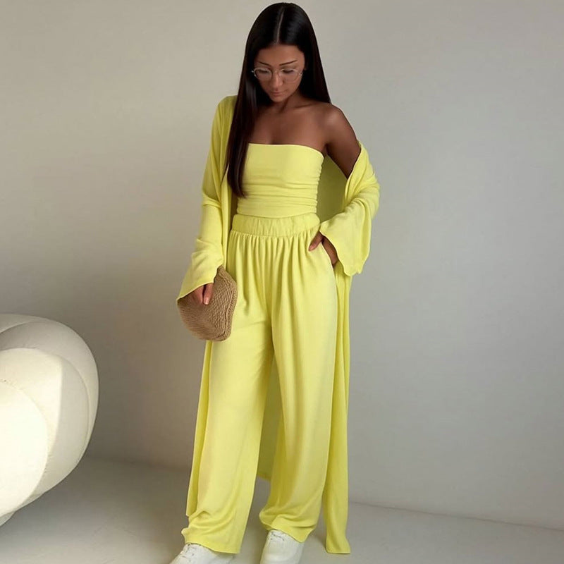 Damer elegant 3-delat set med vida byxor och figurnära topp Mirla-Eva Jonsson