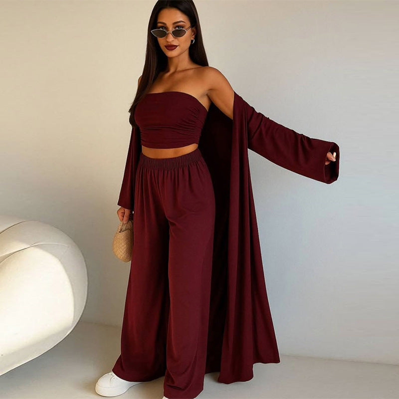Damer elegant 3-delat set med vida byxor och figurnära topp Mirla-Eva Jonsson