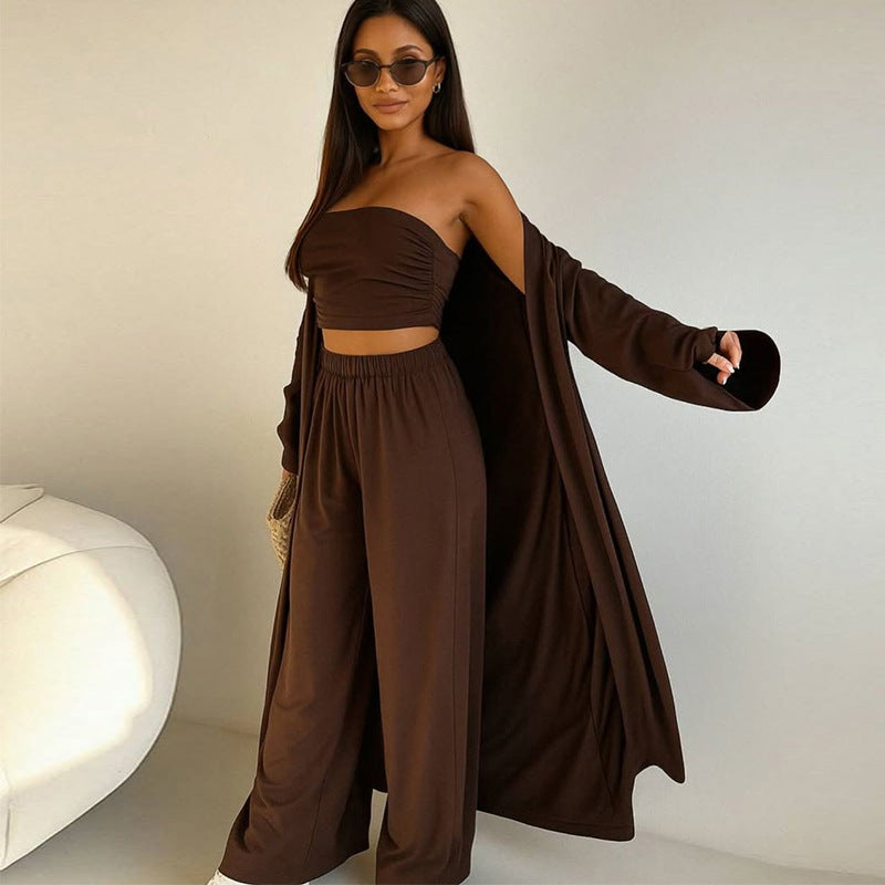 Damer elegant 3-delat set med vida byxor och figurnära topp Mirla-Eva Jonsson