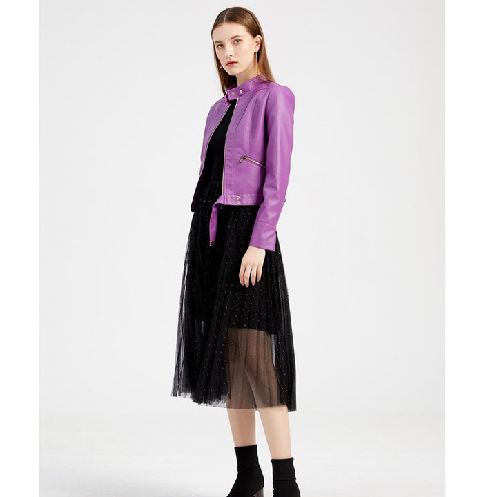 Damer elegant Bikerjacka med hög krage och dragkedjefickor Eva Jonsson-Eva Jonsson