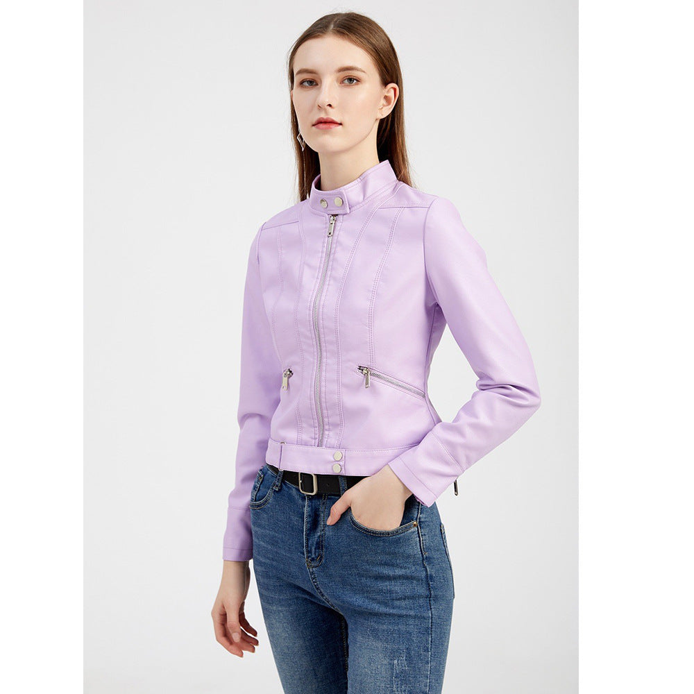 Damer elegant Bikerjacka med hög krage och dragkedjefickor Eva Jonsson-Eva Jonsson