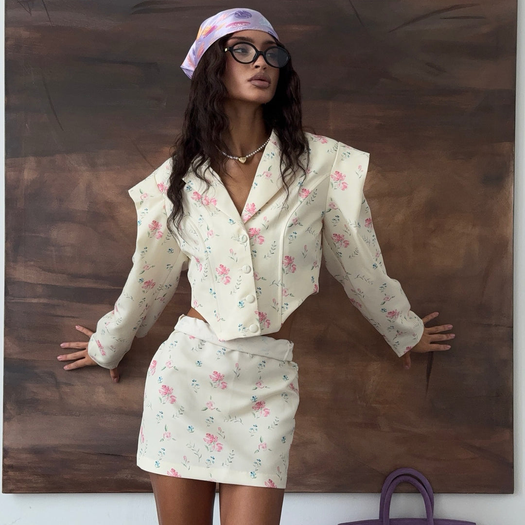 Damer elegant Blazer-Kjol-Ensemble med blommönster Mirla-Eva Jonsson