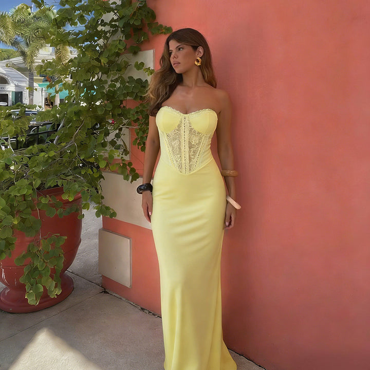 Damer elegant Bodycon maxiklänning med spetsdetaljer Mirla-Eva Jonsson