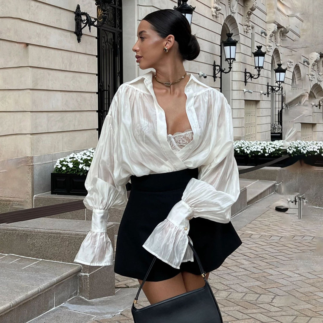 Damer elegant Button-Down-blus med vid skärning och puffärmar Mirla-Eva Jonsson
