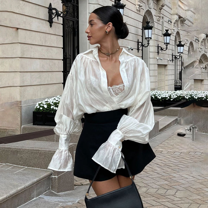 Damer elegant Button-Down-blus med vid skärning och puffärmar Mirla-Eva Jonsson