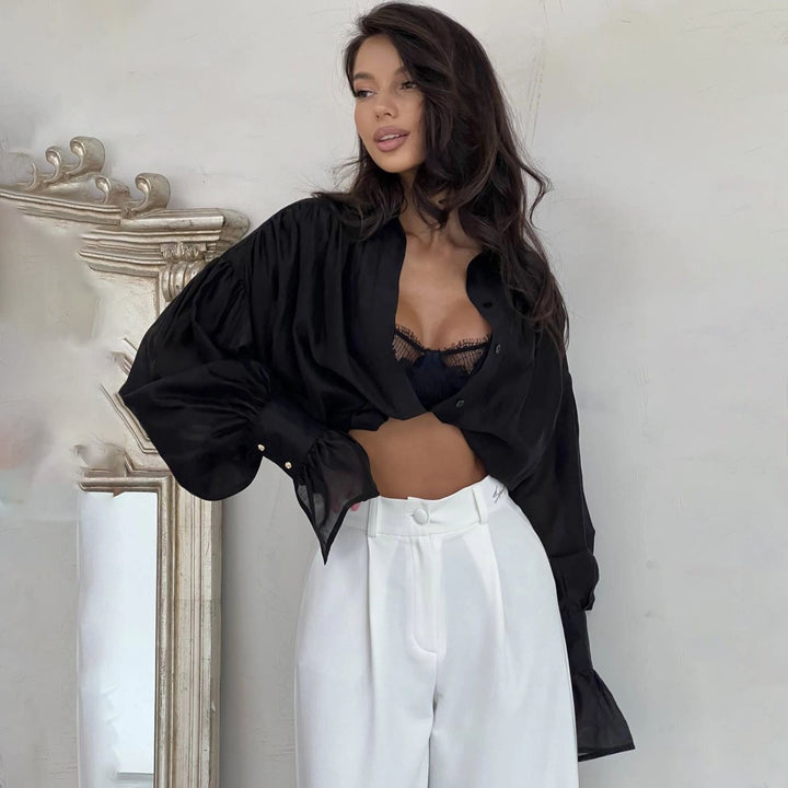 Damer elegant Button-Down-blus med vid skärning och puffärmar Mirla-Eva Jonsson