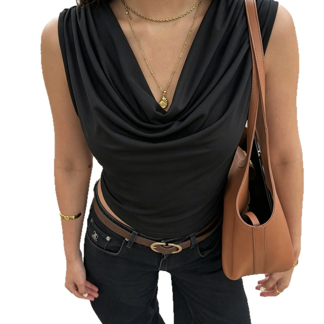 Damer elegant Cowl Neck Tanktop med fina pärlprydnader Mirla-Eva Jonsson