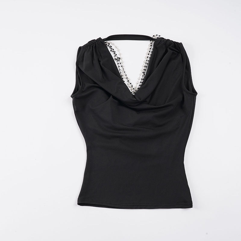 Damer elegant Cowl Neck Tanktop med fina pärlprydnader Mirla-Eva Jonsson