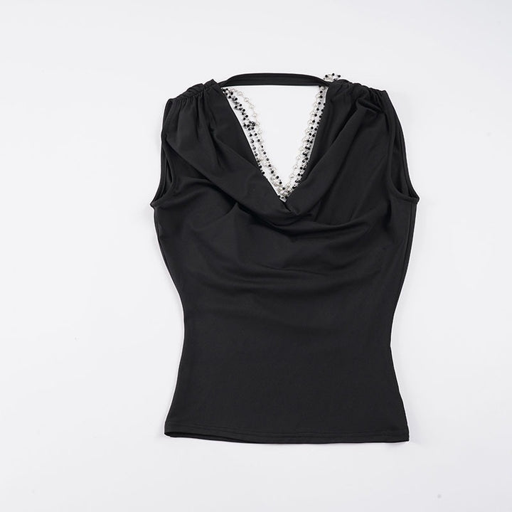Damer elegant Cowl Neck Tanktop med fina pärlprydnader Mirla-Eva Jonsson