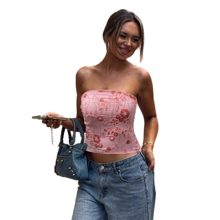 Damer elegant Crop-Top med blomstermönster och paljetter Mirla-Eva Jonsson