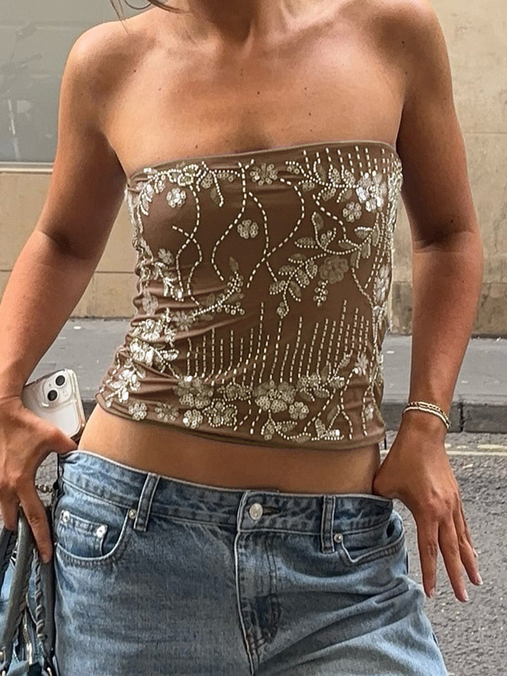 Damer elegant Crop-Top med blomstermönster och paljetter Mirla-Eva Jonsson