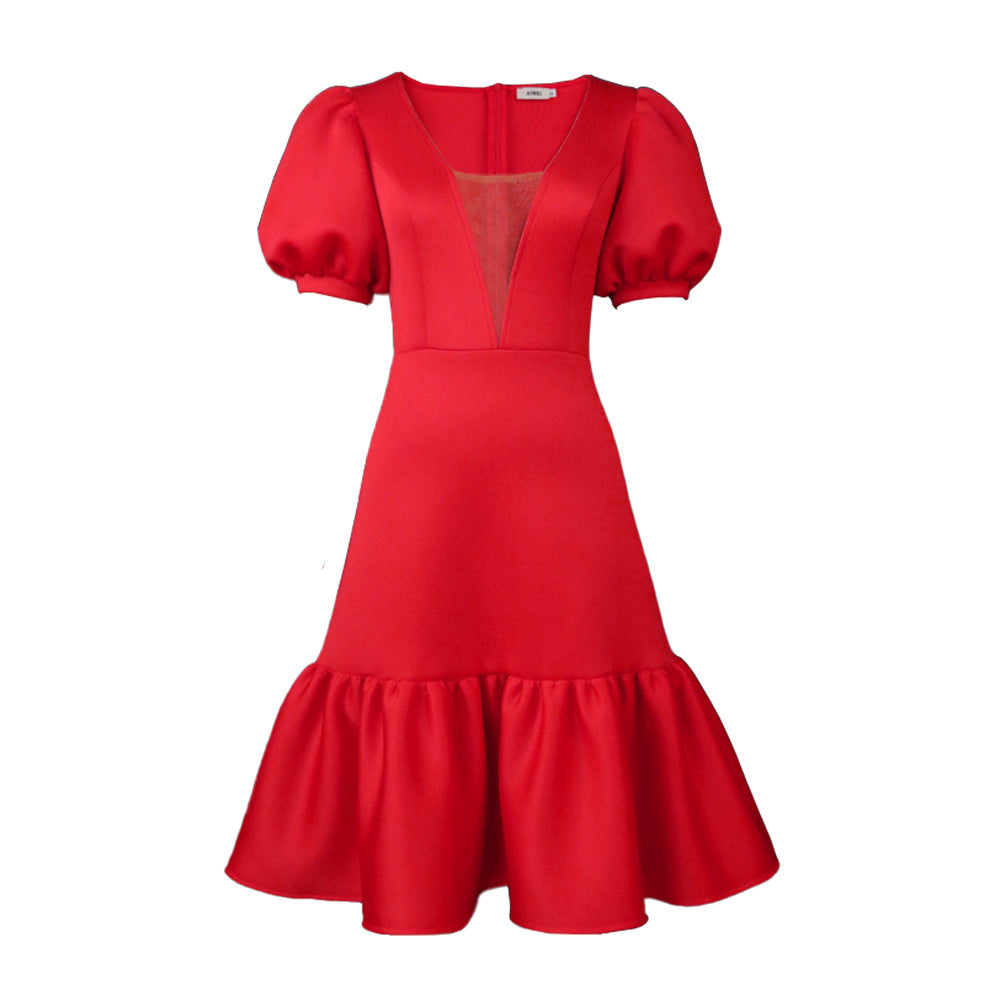 Damer elegant Fit-and-Flare klänning med puffärmar Mirla-Eva Jonsson