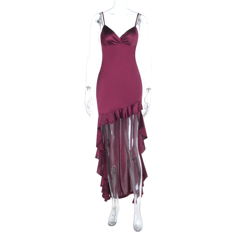 Damer elegant Maxi-Jersey-klänning med asymmetrisk volangsläpp och smala axelband Mirla-Eva Jonsson
