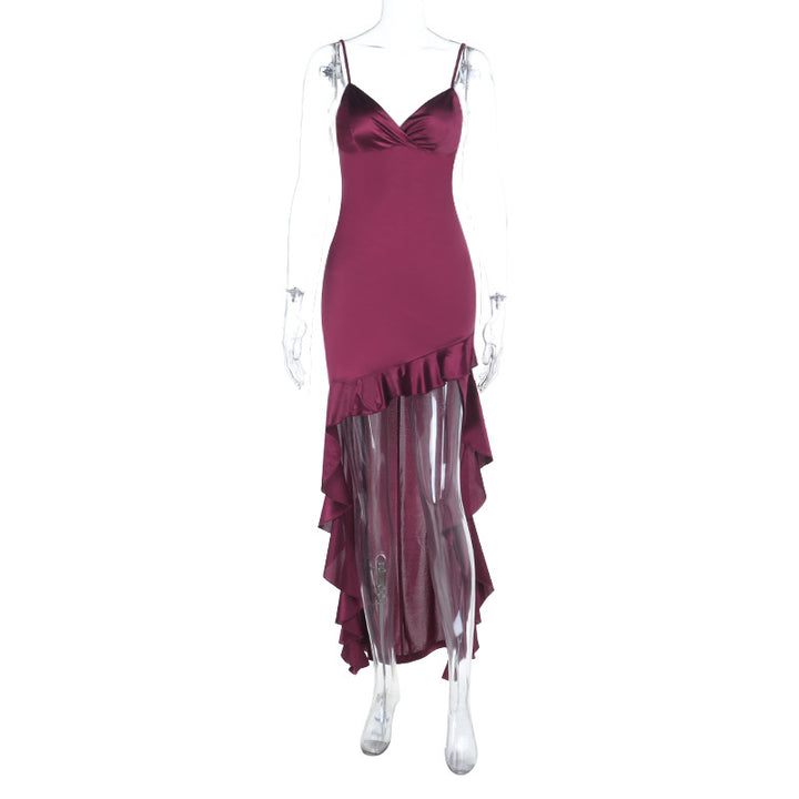 Damer elegant Maxi-Jersey-klänning med asymmetrisk volangsläpp och smala axelband Mirla-Eva Jonsson