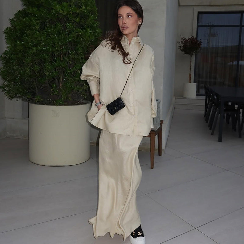 Damer elegant Maxi-kjolset med avslappnad blus och knytbälte Mirla-Eva Jonsson