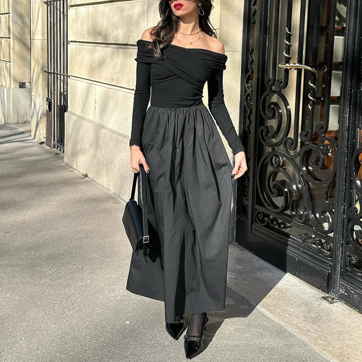 Damer elegant Maxi-klänning med Off-Shoulder-design och rynkad kjol Mirla-Eva Jonsson