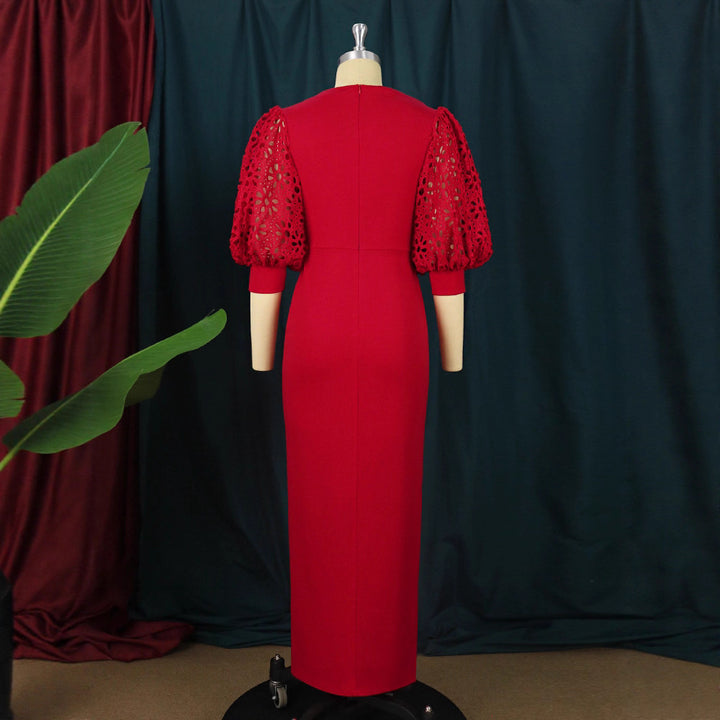 Damer elegant Maxi-klänning med extravaganta puffärmar och snygg slits Mirla-Eva Jonsson