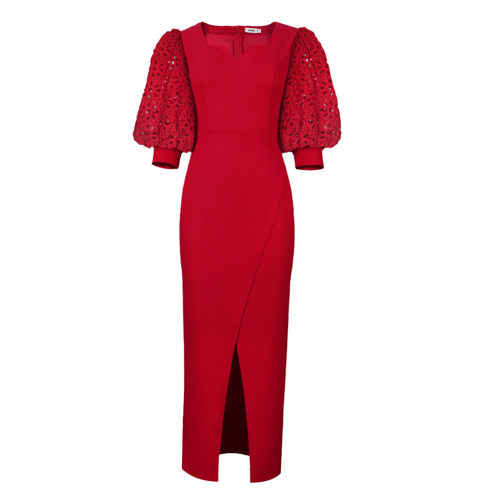 Damer elegant Maxi-klänning med extravaganta puffärmar och snygg slits Mirla-Eva Jonsson