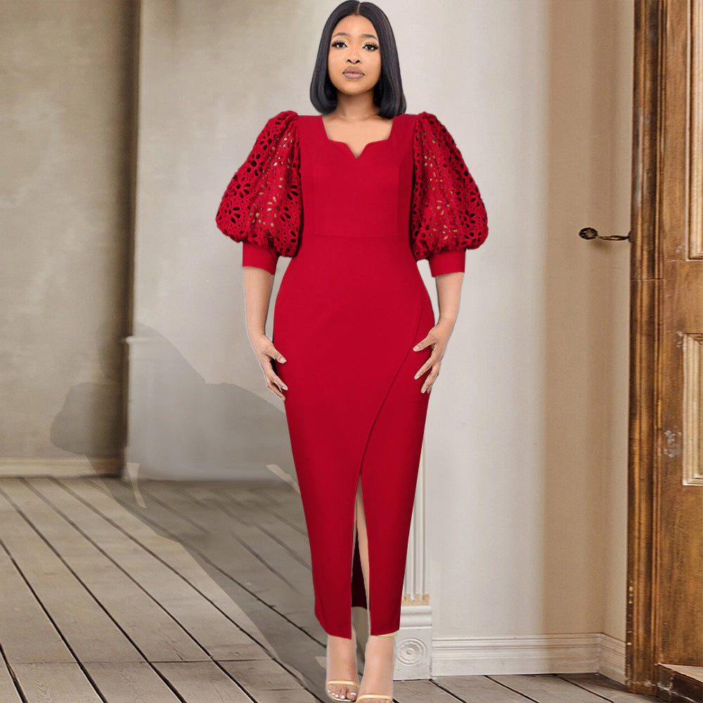Damer elegant Maxi-klänning med extravaganta puffärmar och snygg slits Mirla-Eva Jonsson