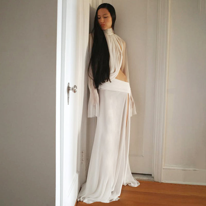 Damer elegant Maxikjol med genomskinliga ärmar och sidospalt Mirla-Eva Jonsson